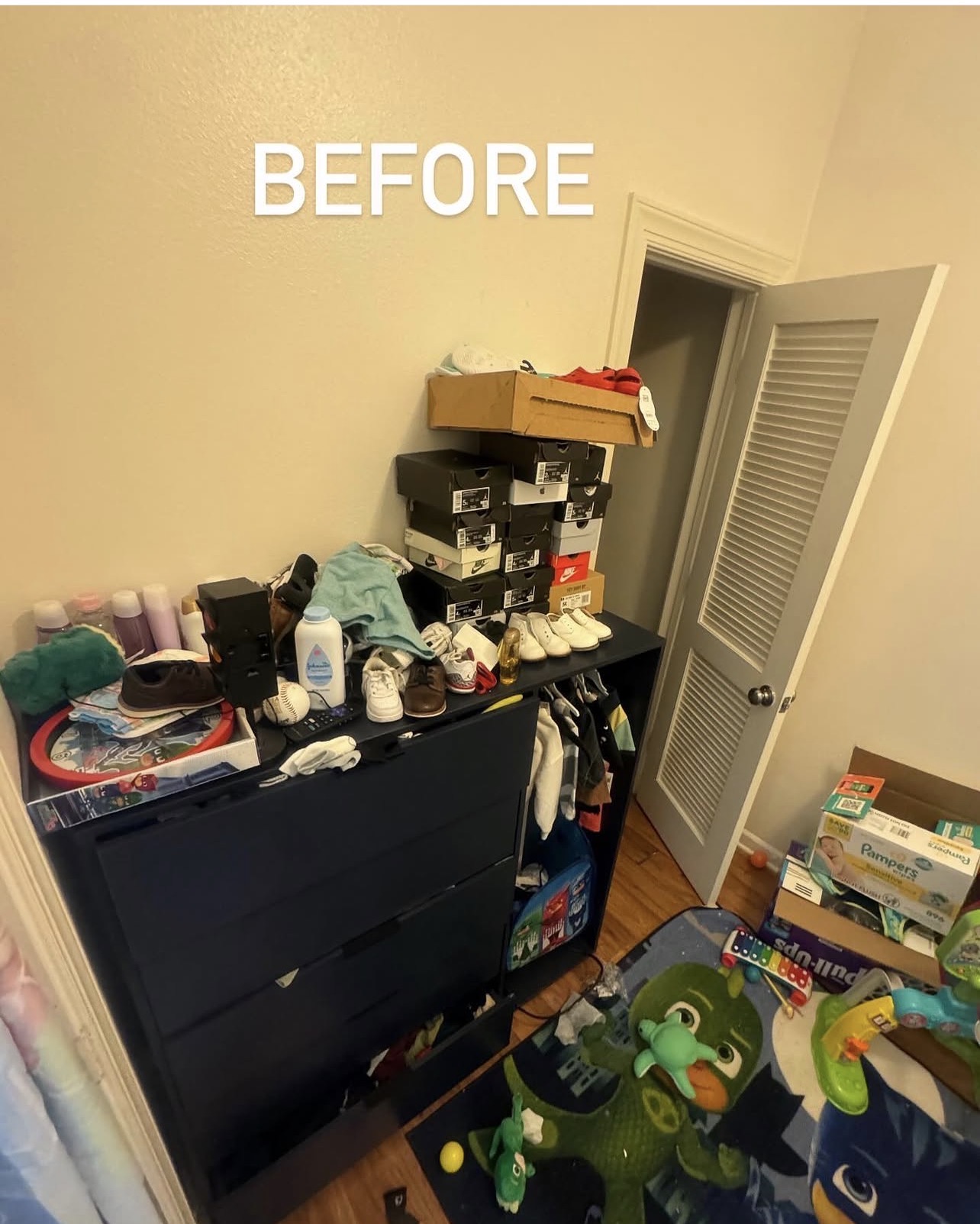 A cluttered dresser and closet corner before organizing
